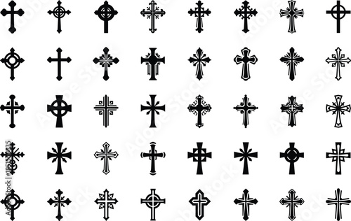 Christian cross silhouette collection set, religious symbols and decorative crucifix designs, faith spirituality icons, church ornament shapes, cad drawing flat vector illustration