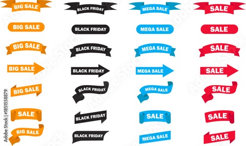 Mega Sale and Black Friday Banner Vector Set, 32 Flat UI Ribbons for E commerce, Email Marketing and Product Badges