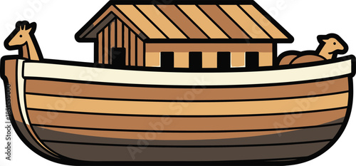 Cartoon illustration of a wooden ark with animals on transparent background