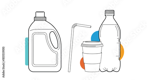 Line art illustration showing various single-use plastic items like a bottle, detergent jug, cup, and straw to raise awareness.