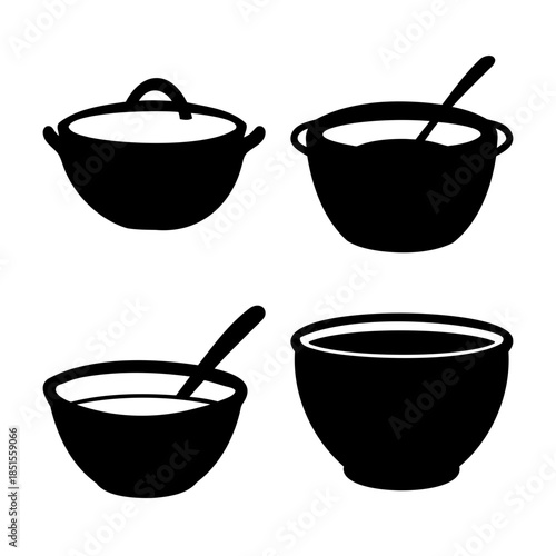 Cooking and serving bowls, pots, and utensils vector icon kit