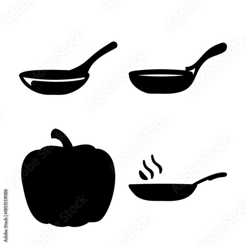 Kitchen cooking essentials: pans, ladle, and bell pepper icons.
