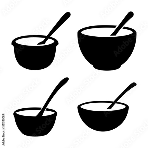 Bowl with spoon icon set, minimalist kitchen utensil symbol