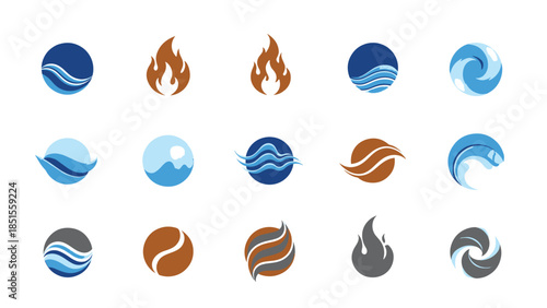 Dynamic collection of pixel art icons symbolizing essential natural elements: water, fire, and earth, crafted for digital design.