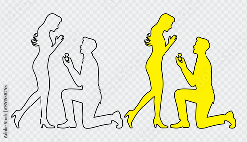 Man proposing marriage on one knee offering engagement ring to woman silhouette romantic moment silhouette