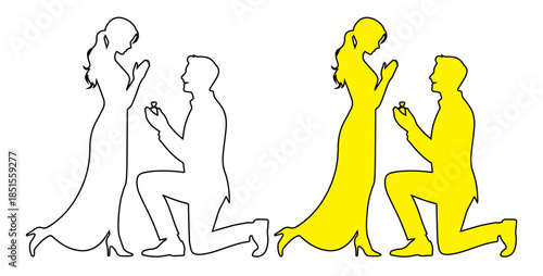 Black silhouette of a man proposing to a woman on one knee with an open ring box, capturing a romantic and emotional moment of love and commitment