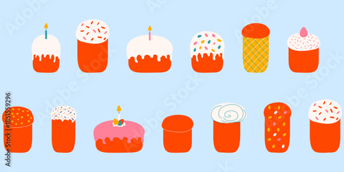 Flat Easter Cakes Vector Collection, Traditional Kulich Bakery Icons Set for Holiday Cards and Seasonal Patterns