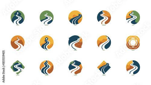 Abstract graphic icon set showcasing winding paths through diverse natural landscapes, embodying journey, exploration, and travel.