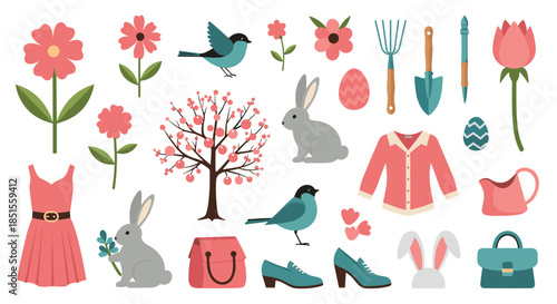 A large collection of cute, flat design spring-themed icons, including flowers, birds, rabbits, clothing, and gardening equipment.