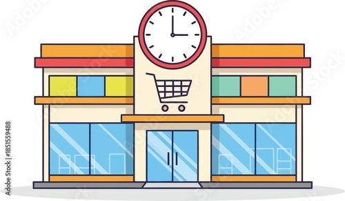 Colorful shopping building with a clock and shopping cart on transparent background