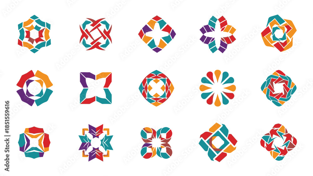 Fototapeta premium Vibrant collection of abstract geometric icons and patterns, digitally illustrated with textured brushstrokes for modern graphic design.