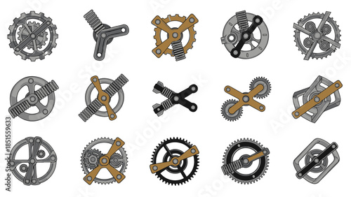 Collection of Stylized Mechanical Gears, Cogs, and Interconnecting Industrial Elements: Steampunk-Inspired Icon Set