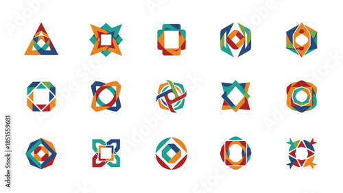 Set of diverse colorful abstract geometric vector icons, perfect for modern graphic design, user interfaces, and digital projects
