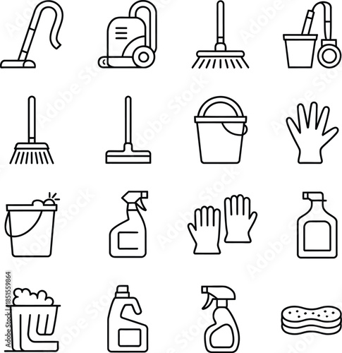 A comprehensive collection of essential cleaning tools and supplies presented as line art icons