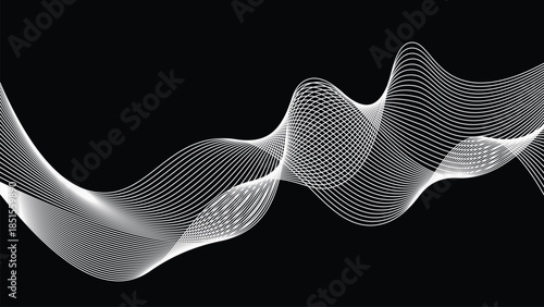 Abstract white layered wave lines on black background flowing sound frequency mesh modern digital line art backdrop