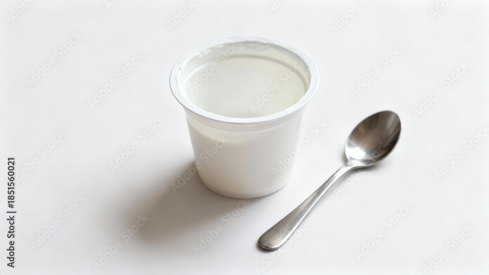 Obraz premium White plastic container filled with creamy plain yogurt and silver metal spoon resting on a bright white background.