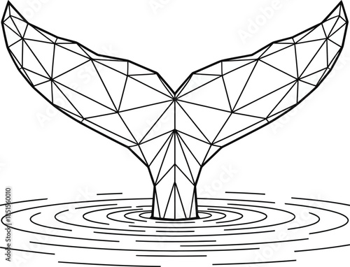 Geometric whale tail in water creating ripples, a minimalist low-poly sea creature design