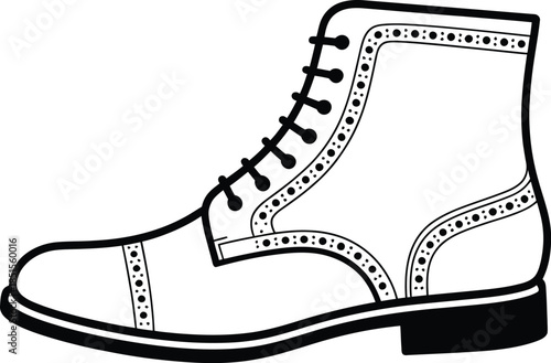 Classic men's brogue boot design with intricate perforations and lace-up closure in a monochrome illustration