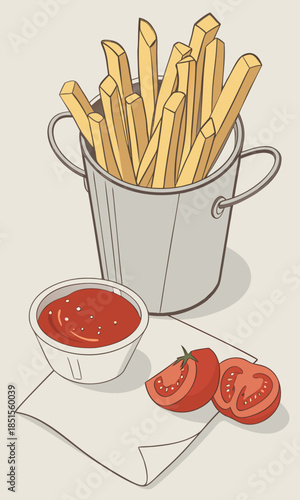 Delicious golden french fries served in a metal bucket with a side of fresh ketchup and sliced tomatoes.