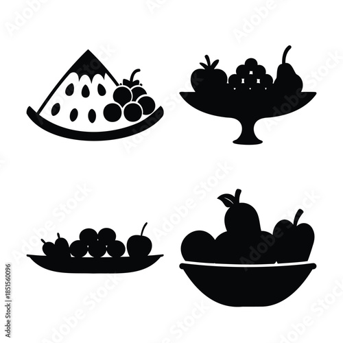 Variety of fruit silhouettes in bowls and on plates icons