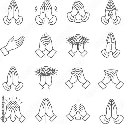 Collection of outline icons depicting various praying hand gestures and religious symbols