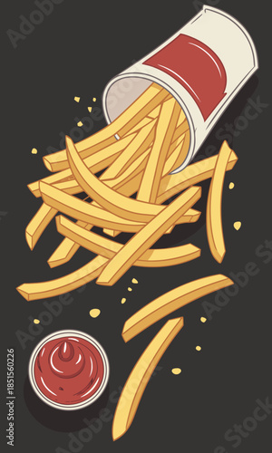 Delicious golden french fries spilling from a container with a side of ketchup.