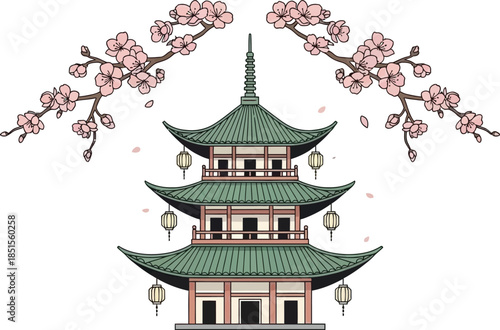 Wallpaper Mural Detailed illustration of a traditional japanese pagoda with cherry blossoms on transparent background Torontodigital.ca