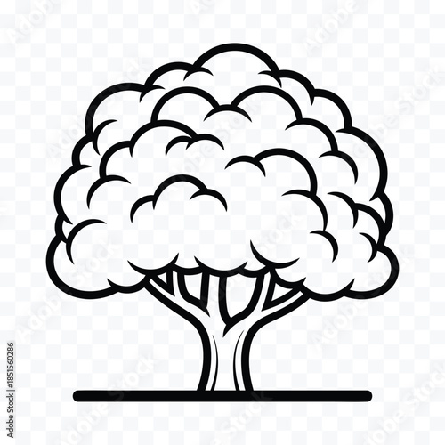 Black and white stylized tree icon with rounded canopy and thick trunk on a transparent background