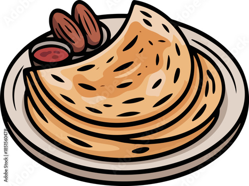 Paratha iftar vector illustration with dates and sauce traditional south Asian food