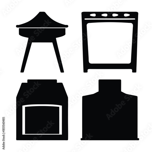 Kitchen essentials: grill, oven, milk carton, bottle icons