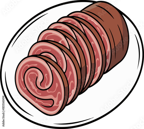 Beef roll slices cartoon vector illustration roasted meat roulade on plate isolated
