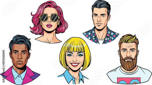 Stylish pop art faces of diverse people on transparent background