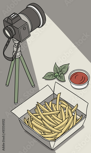 Professional food photography setup with a camera on a tripod capturing a box of french fries basil leaves and ketchup.