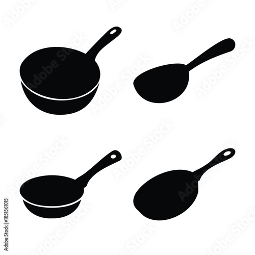 Kitchen pans and skillets vector icon set, cooking utensils