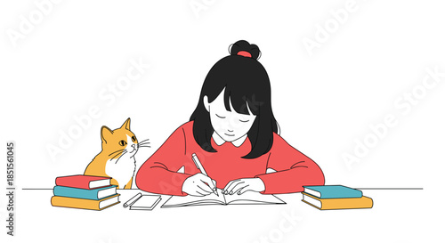 A cute, minimalist illustration of a girl studying and writing at her desk, accompanied by her curious cat sitting by a stack of books.