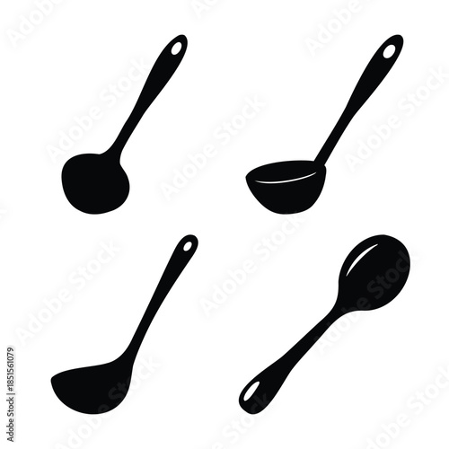 Kitchen tools: various ladle and spoon silhouettes icon set