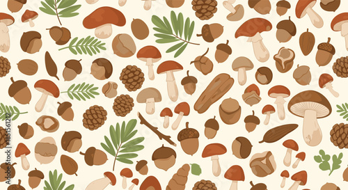 Seamless autumn pattern with a variety of hand-drawn forest elements like mushrooms, acorns, pinecones, chestnuts, and leaves.