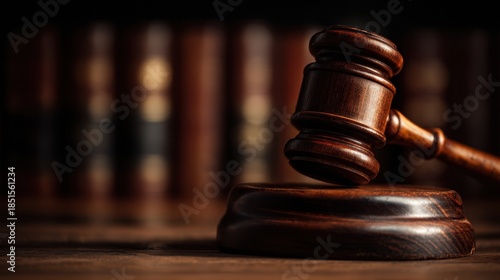 Symbol of Justice: A close-up shot of a wooden gavel resting on its sound block, positioned in front of a blurred backdrop of law books, embodying justice, legal proceedings, and order.