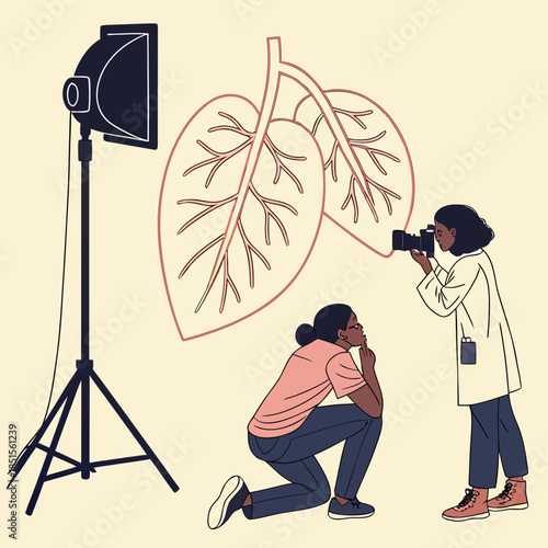 Two scientists studying large leaf structures with a camera and lighting setup.