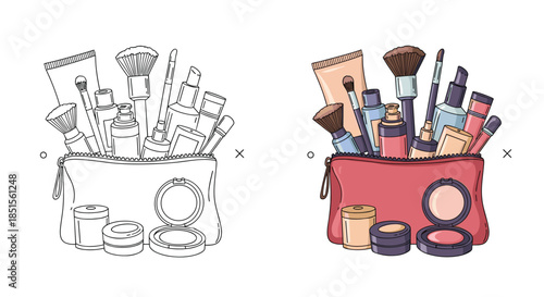An overflowing pink makeup bag filled with various cosmetics, shown in both a full-color version and a black and white outline.