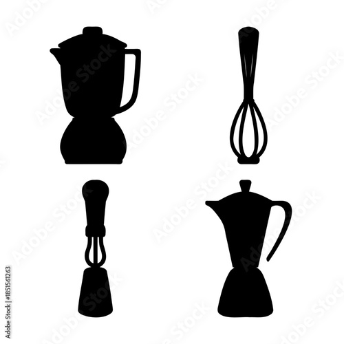 Kitchen tools and coffee makers black silhouette icons set