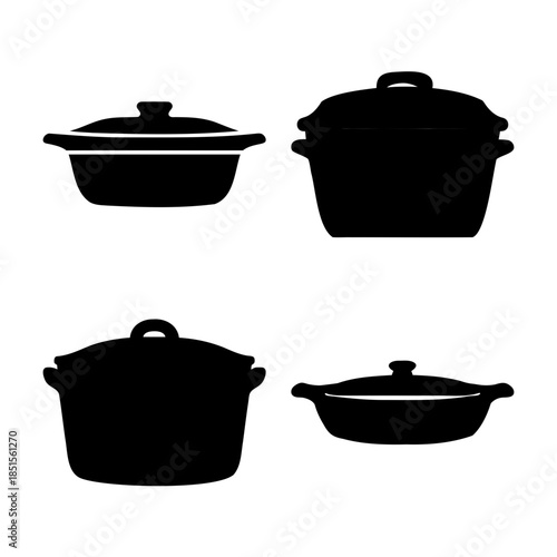 Cooking pots and casseroles black silhouette icon set vector