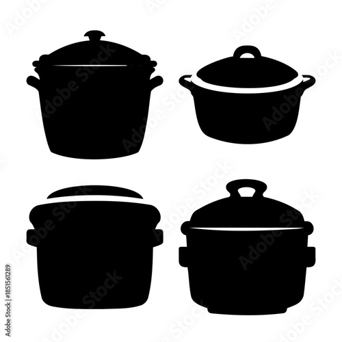 Set of various kitchen cooking pots and pans silhouettes