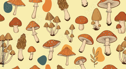A seamless retro-style pattern featuring various hand-drawn mushrooms like amanita and morel, with abstract shapes on a yellow background.