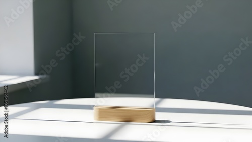 interior of a hotel room, Minimalist Clear Acrylic Sign Holder with Wooden Base – Modern Desk Display Stand
