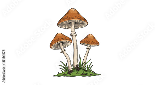 A detailed, hand-drawn illustration of three wild mushrooms with conical caps growing together in a small patch of green grass.