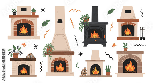 A cozy collection of various hand-drawn fireplaces, from classic brick hearths to modern stoves, decorated with plants and firewood.