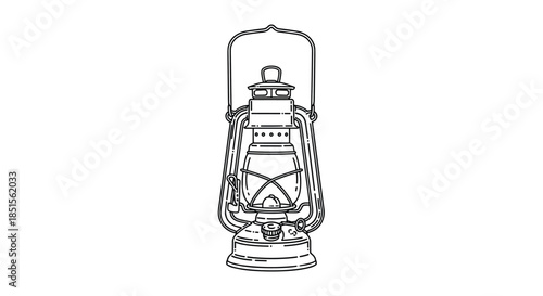 A detailed black and white line art illustration of a vintage kerosene lantern or oil lamp, used for camping, hiking, or rustic decor.