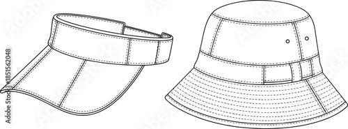 Sun Visor and Modern Bucket Hat Technical Fashion Flat Drawing Vector Illustration for Headwear Design, Accessory Production, and Summer Apparel Template CAD Graphic
