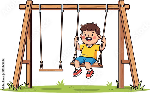 A cheerful boy joyfully swinging on a wooden swing set on transparent background